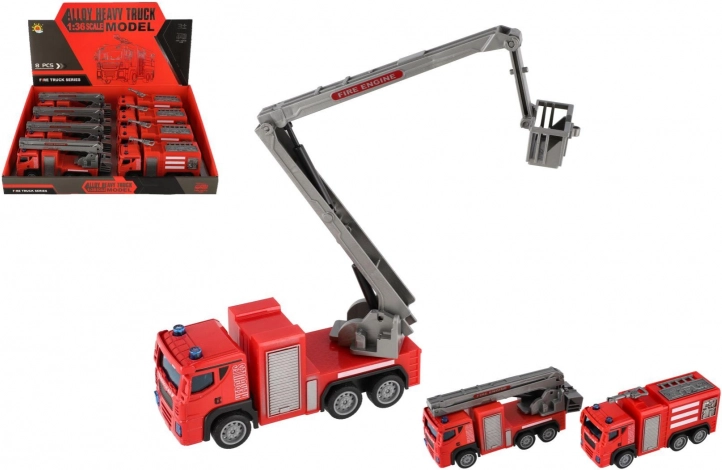 Camion dei pompieri in plastica 14 cm a retrocarica, 2 varianti, box da 8 pezzi