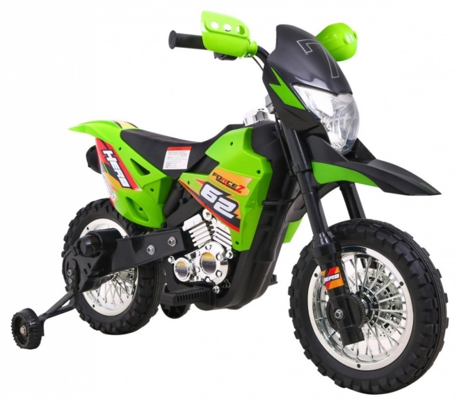 Moto elettrico per bambini verde con luci LED e ruote opzionali