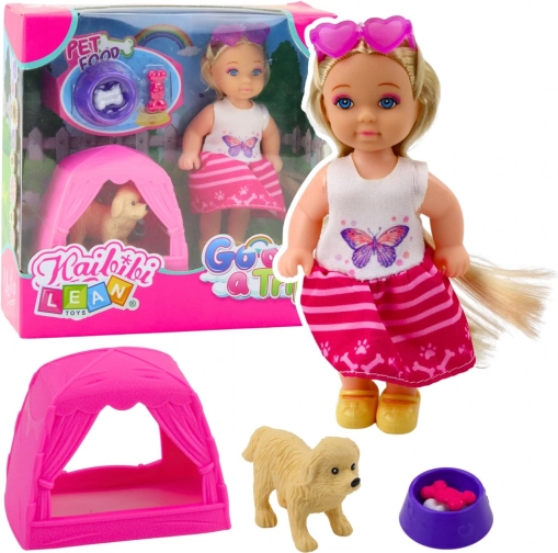 Mini bambola con cane, tenda e accessori