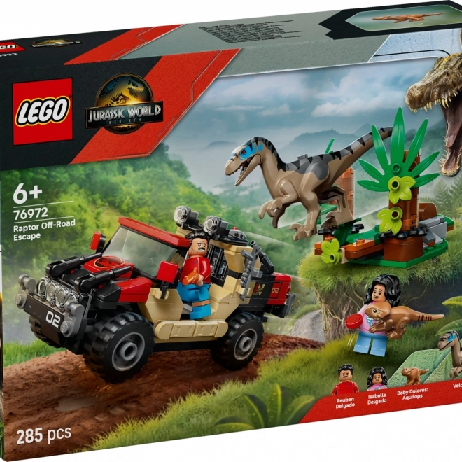 Set di costruzione LEGO Jurassic World: Fuga con il fuoristrada dal velociraptor