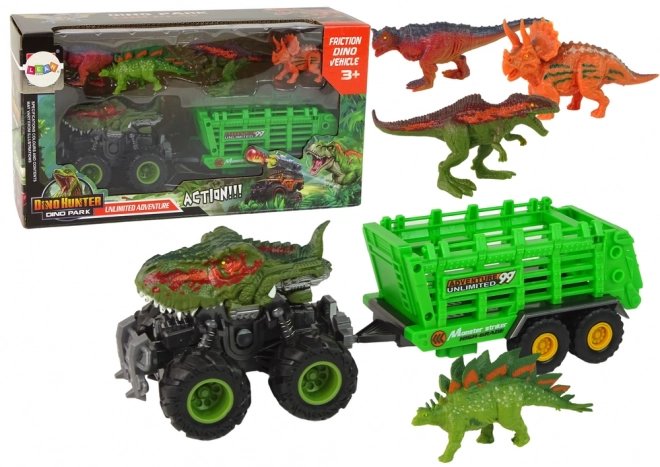 Autocarro dinosauro con rimorchio e 4 figurine di dinosauri