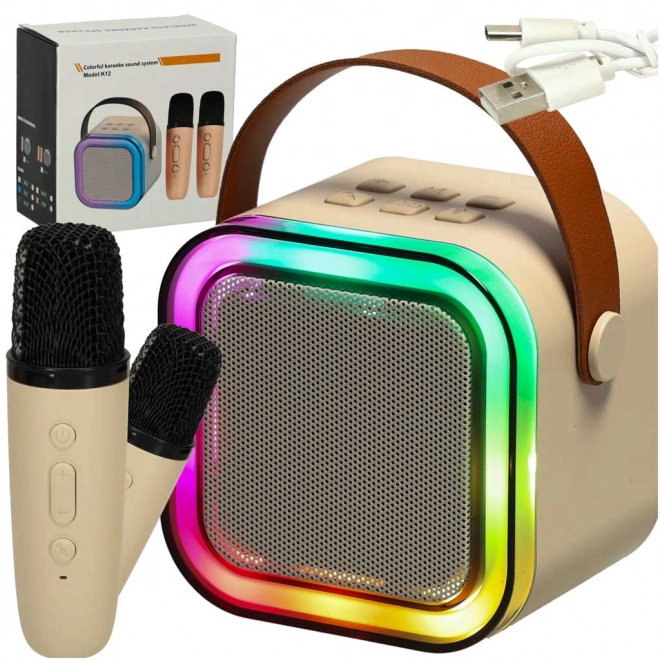 Set karaoke con due microfoni e altoparlante portatile Bluetooth LED beige