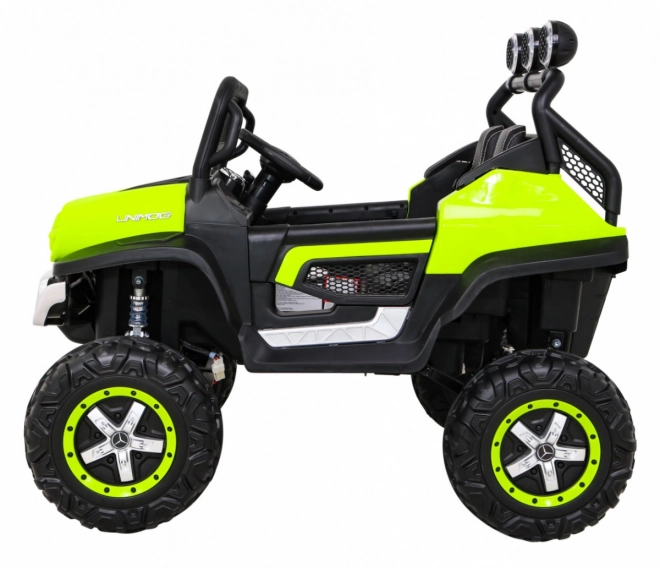 Mercedes Benz Unimog per bambini Verde + trazione 4x4 + telecomando + vano bagagli + partenza lenta + MP3 LED