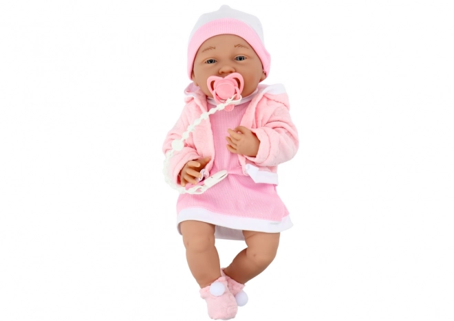 Bambola bebè con ciuccio vestito e cappellino rosa con accessori e coperta