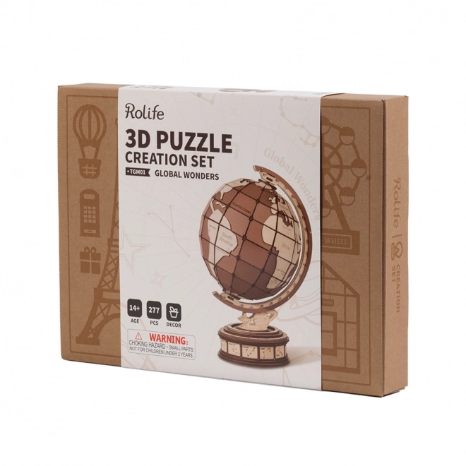 Puzzle 3D in legno Globo con meraviglie del mondo