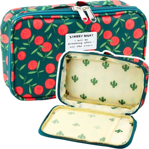 Astuccio scolastico con stampa di ciliegie, verde, 22,5cm