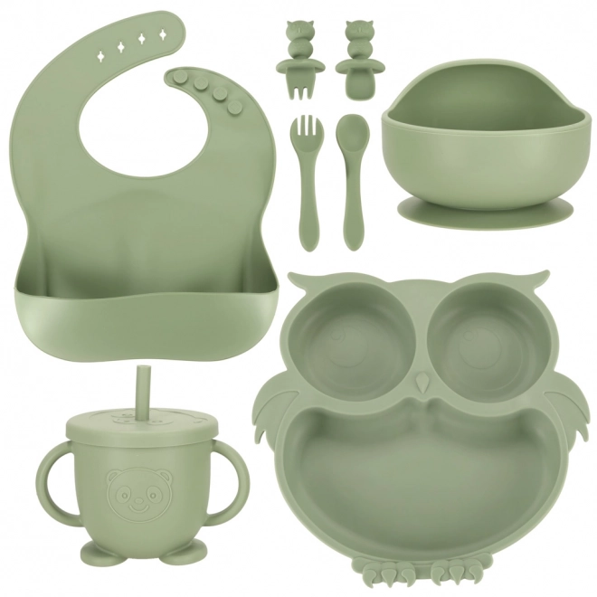 Set di stoviglie per bambini in silicone con gufo verde militare