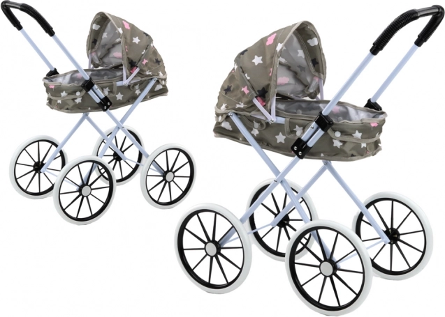 Passeggino per bambole con grandi ruote e tettoia pieghevole - grigio con stelline e nuvolette