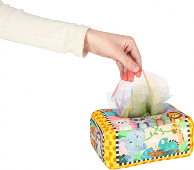 Box sensoriale Montessori con fazzoletti colorati e animaletti