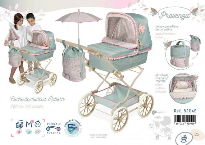 Passeggino ripieghevole per bambole Reborn con parasole e accessori Provenza