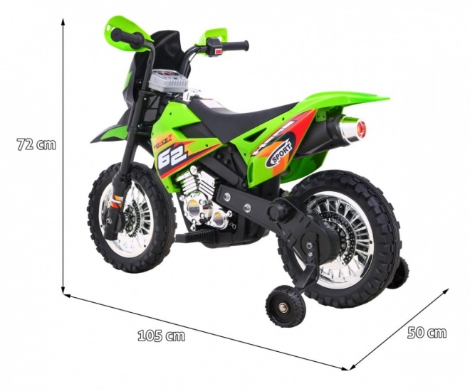 Moto elettrico per bambini verde con luci LED e ruote opzionali