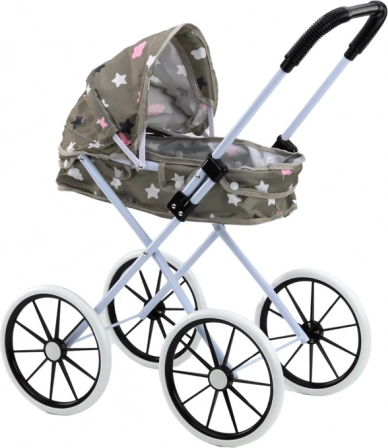 Passeggino per bambole con grandi ruote e tettoia pieghevole - grigio con stelline e nuvolette