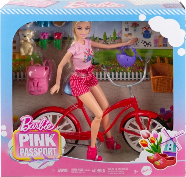 Barbie in bicicletta con cagnolino – set da viaggio Passaporto rosa