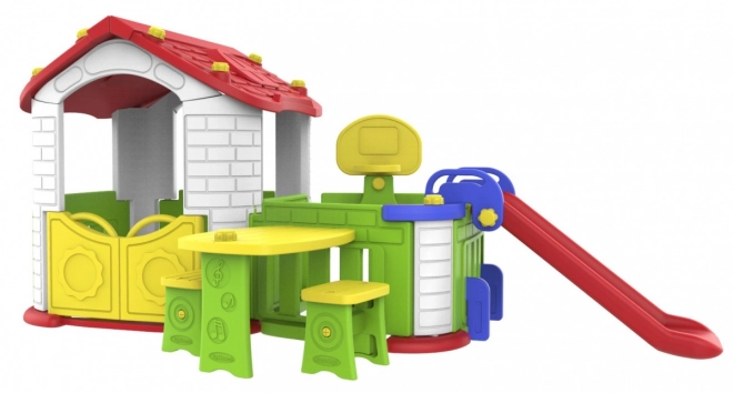Grande casetta da giardino per bambini 5 in 1 + scivolo + canestro da basket + giardino + tavolo + 2 sedie Tetto rosso