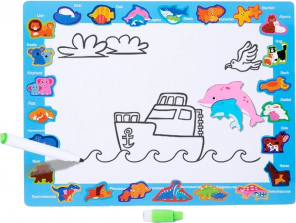 Puzzle educativo in legno con dinosauri e lavagna