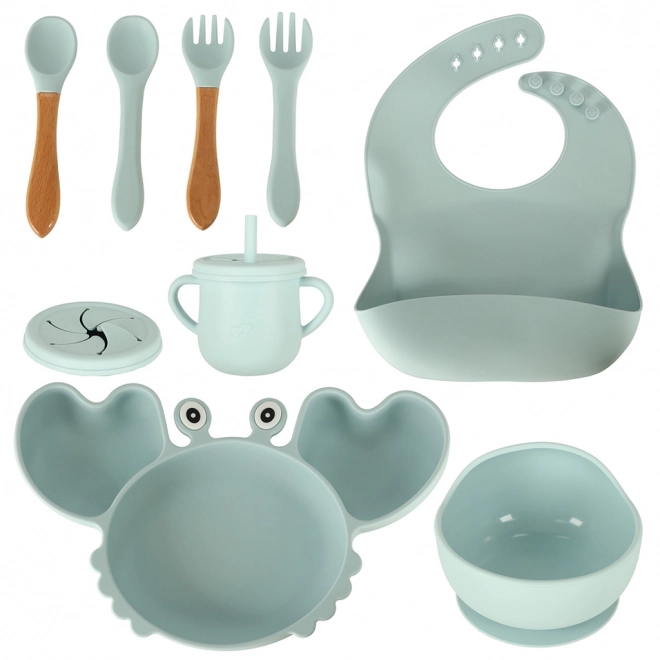 Set da Tavola in Silicone per Bambini con Motivo a Granchio - 9 Pezzi Blu