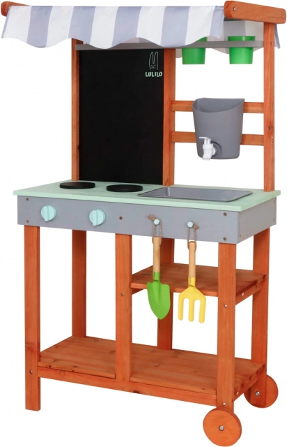 Cucina da giardino in legno su ruote con accessori e rubinetto Lulilo Sableto