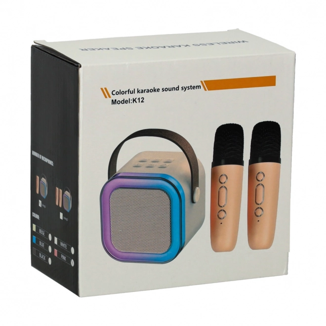 Set karaoke con due microfoni e altoparlante portatile Bluetooth LED beige