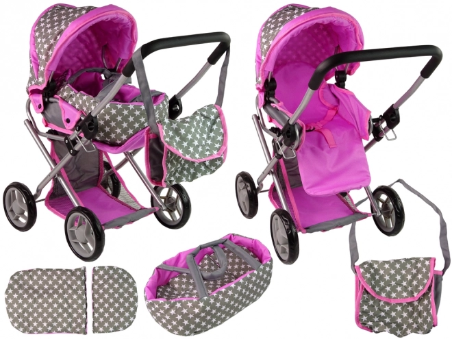 Passeggino per bambole 2 in 1 con borsa grigio e rosa stelle