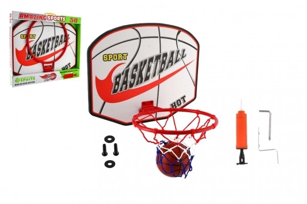 Canestro da basket con pallone e pompa in legno/metallica con rete