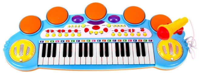 Set musicale blu tastiera + tamburi + microfono per bambini 3+ luci + suoni 3 ottave