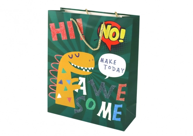 Borsa regalo di carta verde con dinosauro