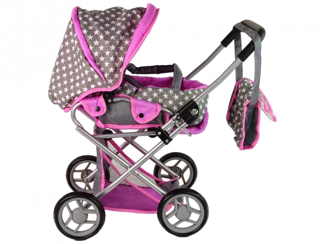 Passeggino per bambole 2 in 1 con borsa grigio e rosa stelle