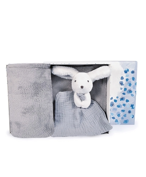 Set Regalo Felice Coniglietto Plaid e DouDou Blu-Grigio