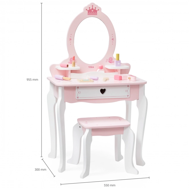 Viga grande specchiera in legno bianco-rosa con specchio e sedia