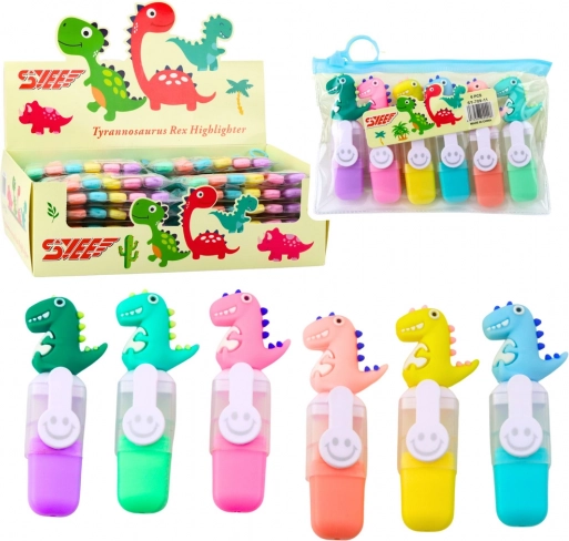 Set Mini Evidenziatori con Clip di Dinosauri in Astuccio, 6 pz