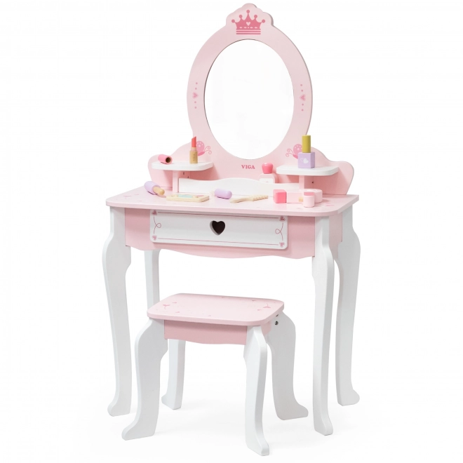 Viga grande specchiera in legno bianco-rosa con specchio e sedia