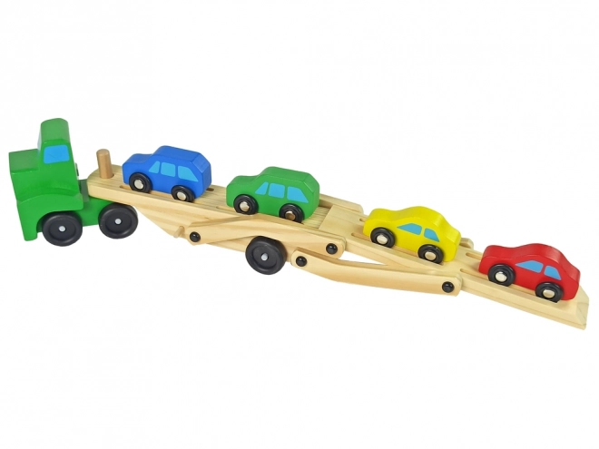 Carro attrezzi in legno verde con automobili