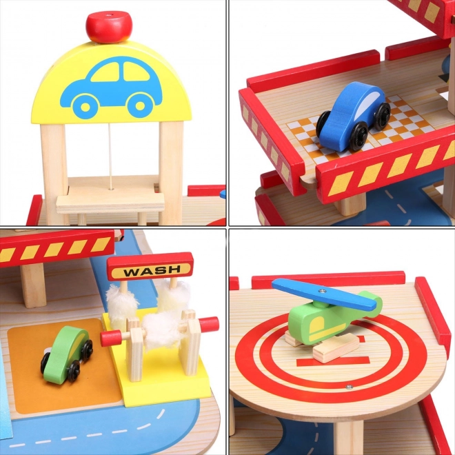 Garage in legno a 3 livelli con ascensore e auto Ecotoys