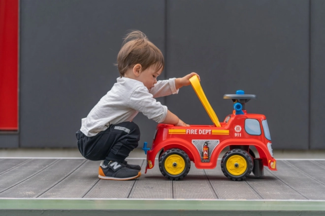 Bicicletta senza pedali dei pompieri per bambini con sedile apribile e clacson