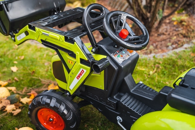 Trattore a pedali Claas Axos - con benna anteriore e posteriore + rimorchio