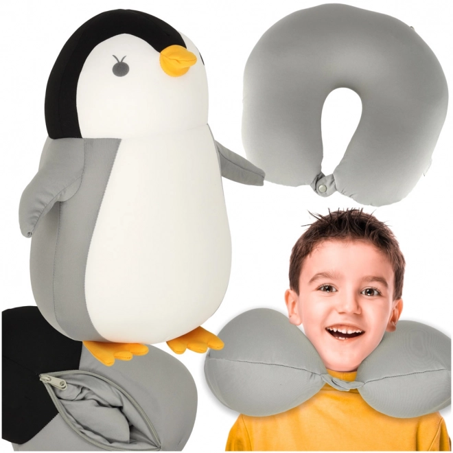 Cuscino da viaggio 2 in 1 a forma di cornetto e peluche pinguino
