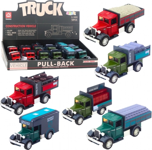 Classico camion in metallo con meccanismo a retrocarica, luci e suoni