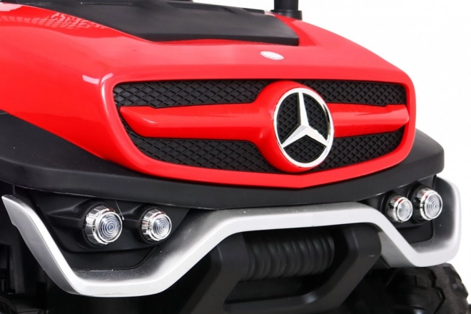 Mercedes Benz Unimog per bambini rosso + 4x4 + telecomando + portabagagli + avvio lento + MP3 LED
