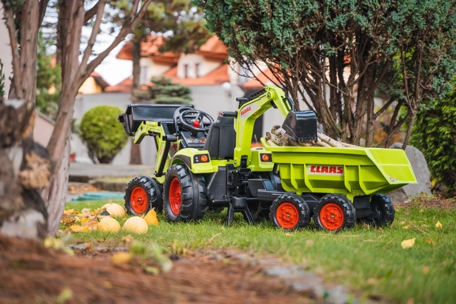 Trattore a pedali Claas Axos - con benna anteriore e posteriore + rimorchio