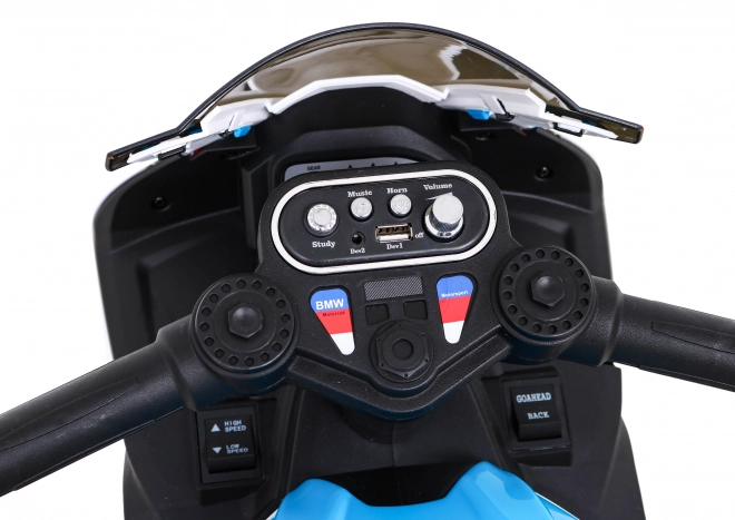BMW HP4 Motocicletta per bambini a batteria Blu + 3 ruote + LED + MP3 USB + Pelle Eco
