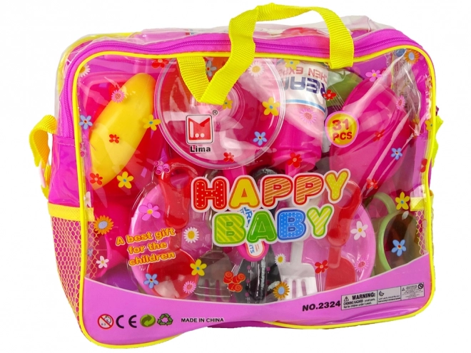 Set rosa di stoviglie in borsa, 31 pezzi