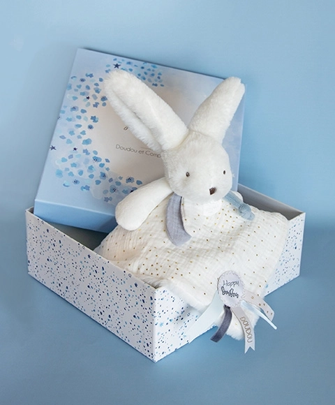 Doudou con coniglietto blu e copertina quadrata