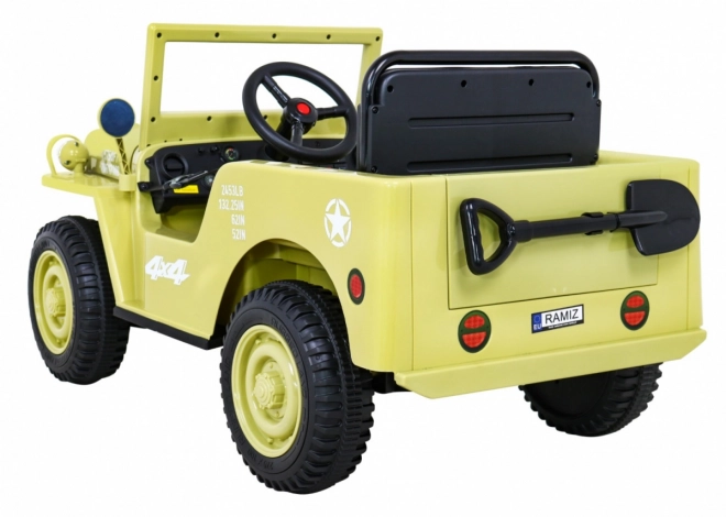 Auto militare retrò per bambini beige + trazione 4x4 + telecomando + 2 portabagagli + avvio lento + MP3 LED