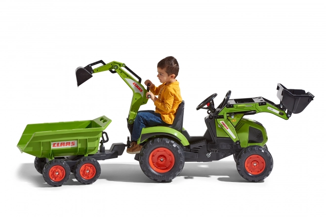 Trattore a pedali Claas Axos - con benna anteriore e posteriore + rimorchio