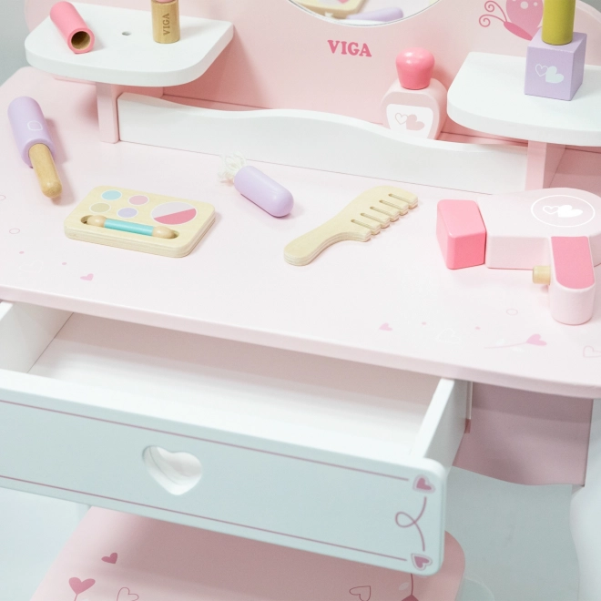 Viga grande specchiera in legno bianco-rosa con specchio e sedia