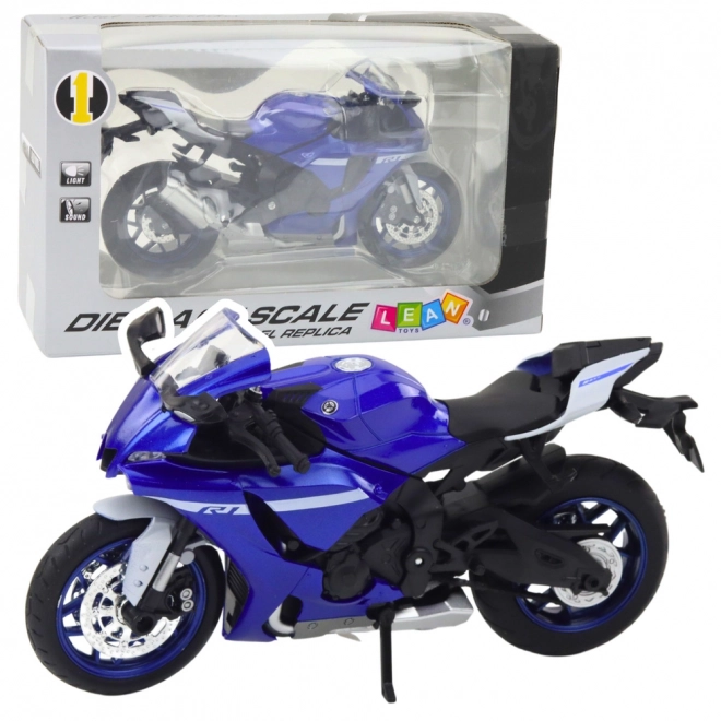 Moto sportiva in metallo blu R1 1:12