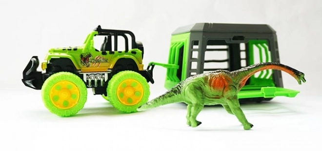 Jeep con rimorchio e dinosauro