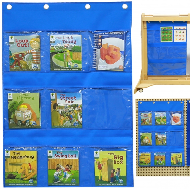 Pannello in Tessuto con Tasche per Libri e Immagini Blu