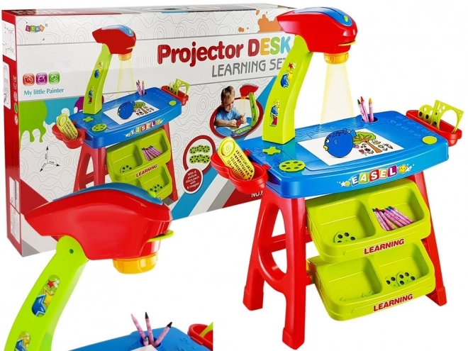 Tavolo educativo con cassetti e proiettore colore blu e rosso