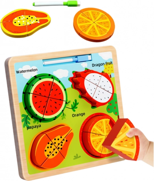 Puzzle educativo in legno con lavagna per disegnare - Frutta